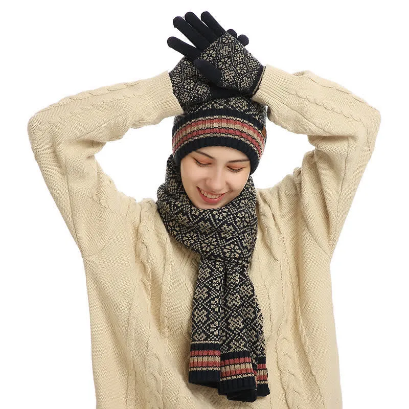 3Pcs Unisex Snowflake Hat Scarf Touchscreen Gloves Set