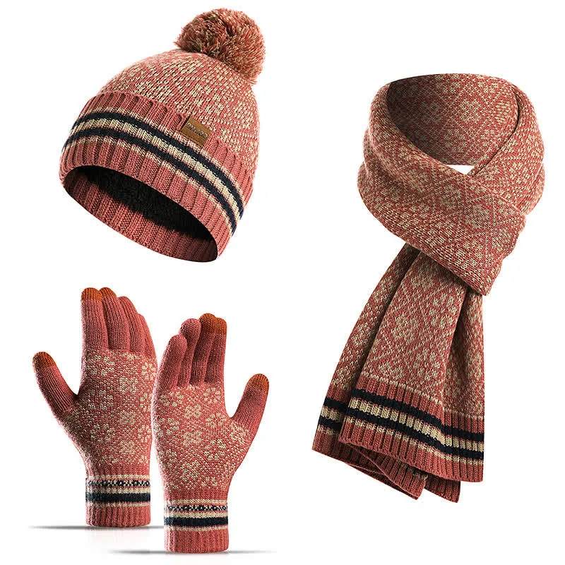 3Pcs Unisex Snowflake Hat Scarf Touchscreen Gloves Set