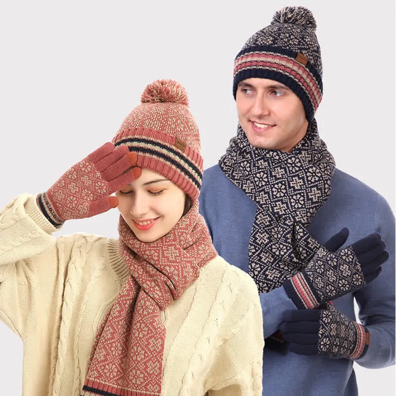 3Pcs Unisex Snowflake Hat Scarf Touchscreen Gloves Set