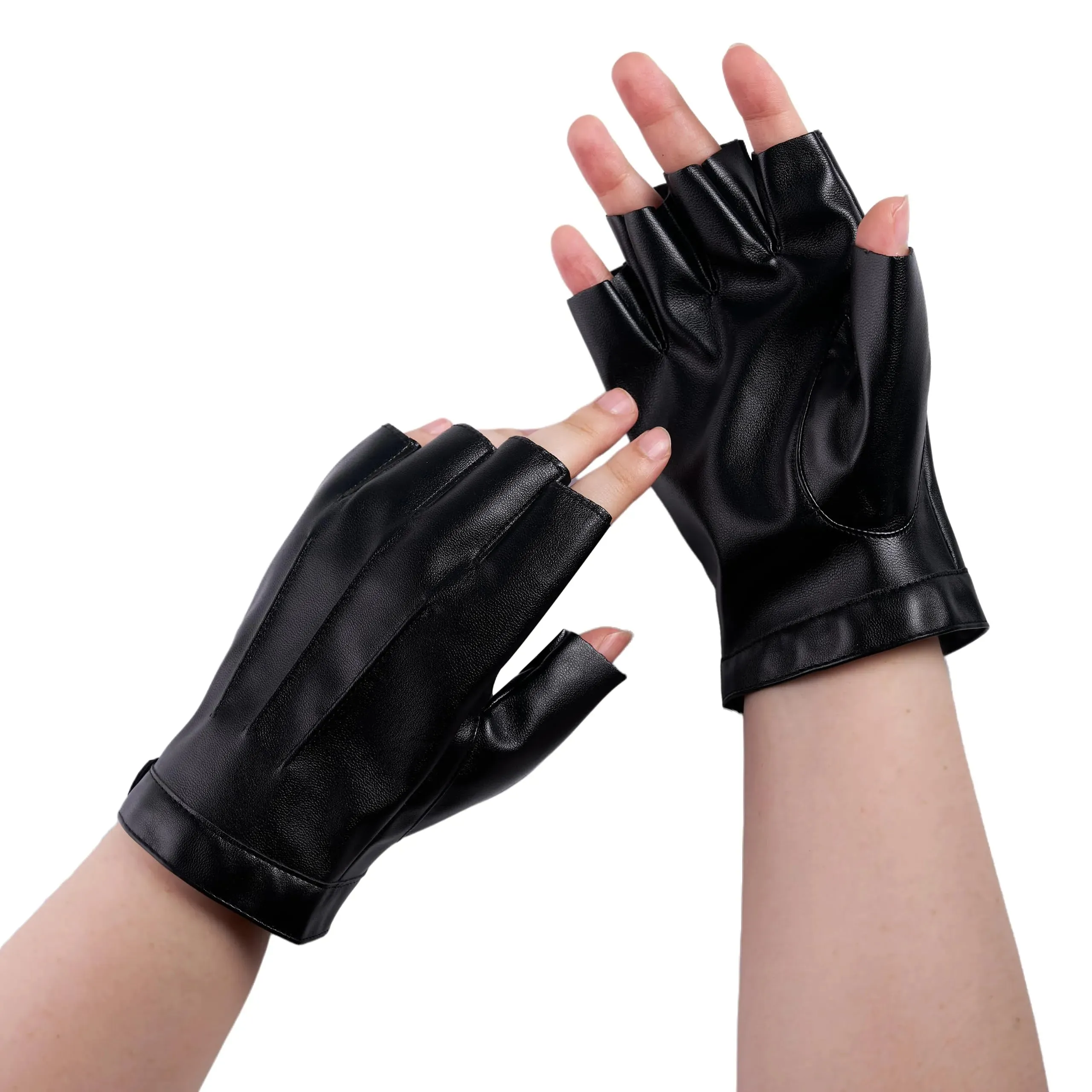 Black Fingerless Driving Gloves, Halloween PU Faux Leather Gloves