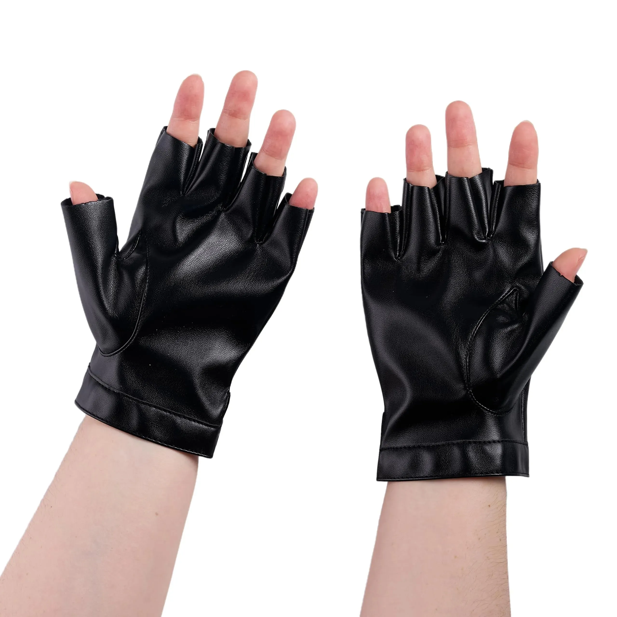 Black Fingerless Driving Gloves, Halloween PU Faux Leather Gloves