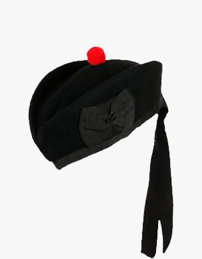 BLACK PLAIN HIGHLAND RED POM GLENGARRY CAP