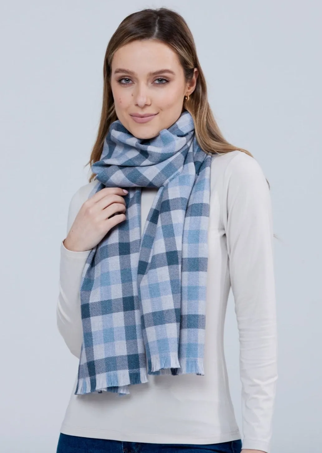 Foxford Giant Merino Scarf | Denim check