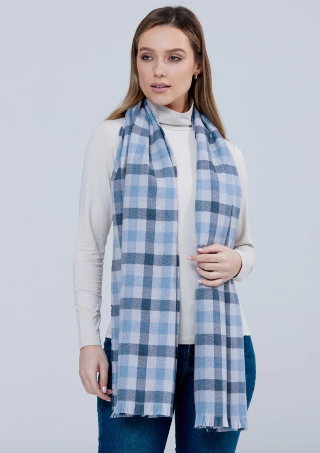 Foxford Giant Merino Scarf | Denim check