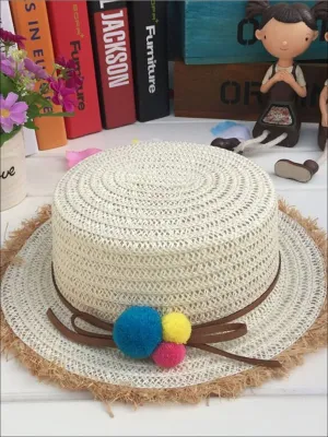 Girls Leather Banded Rainbow Pom Pom Embellished Straw Hat