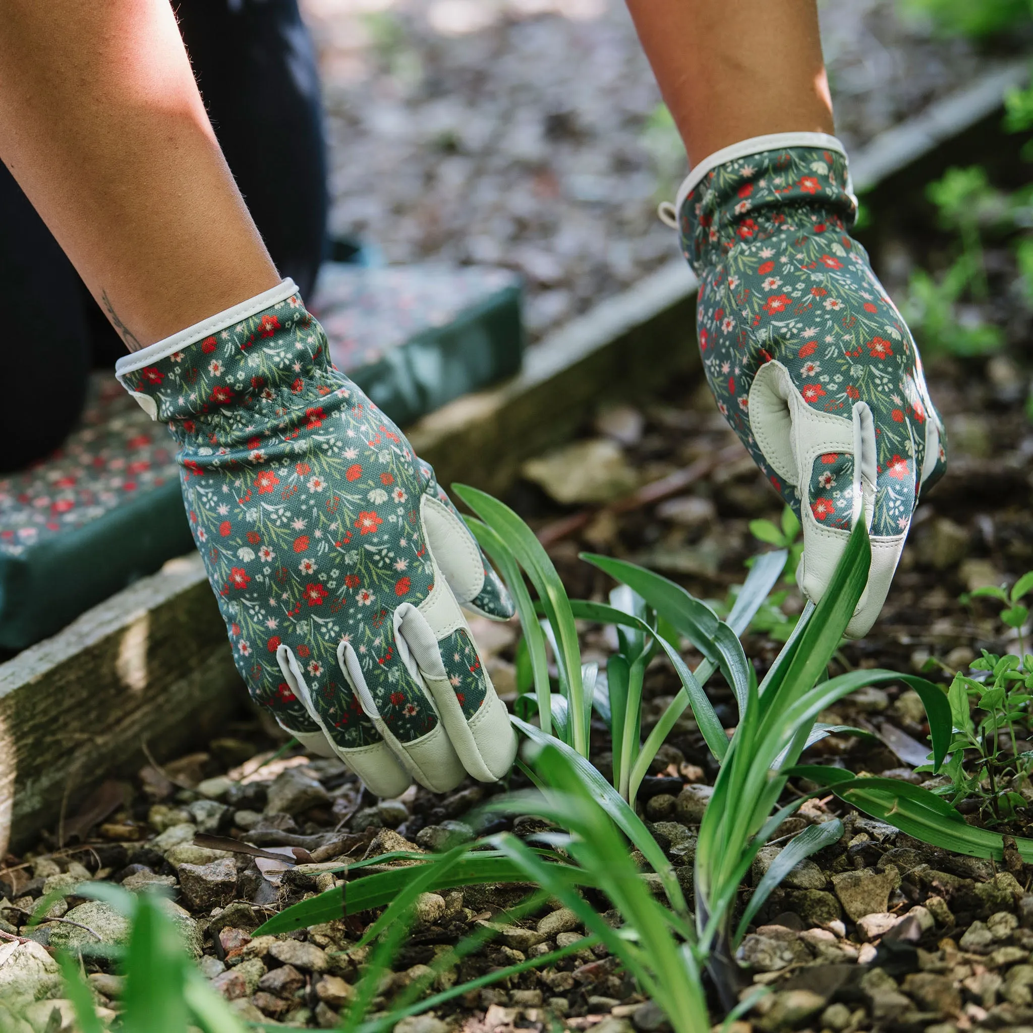 Kent & Stowe Teal Meadow Flowers Leather Gloves