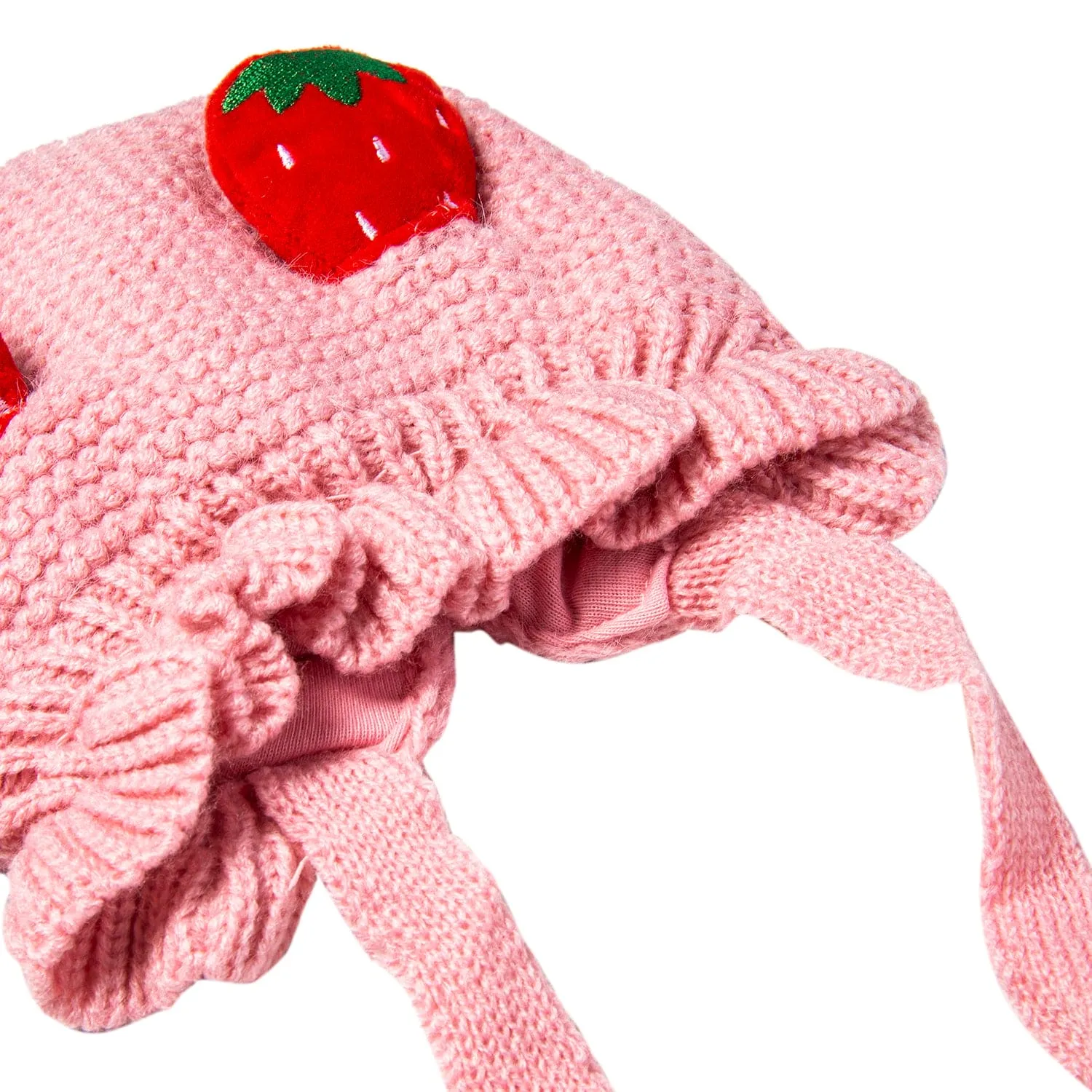 Knit Woollen Cap With Tie Knot For Ear Cover Strawberry Pink