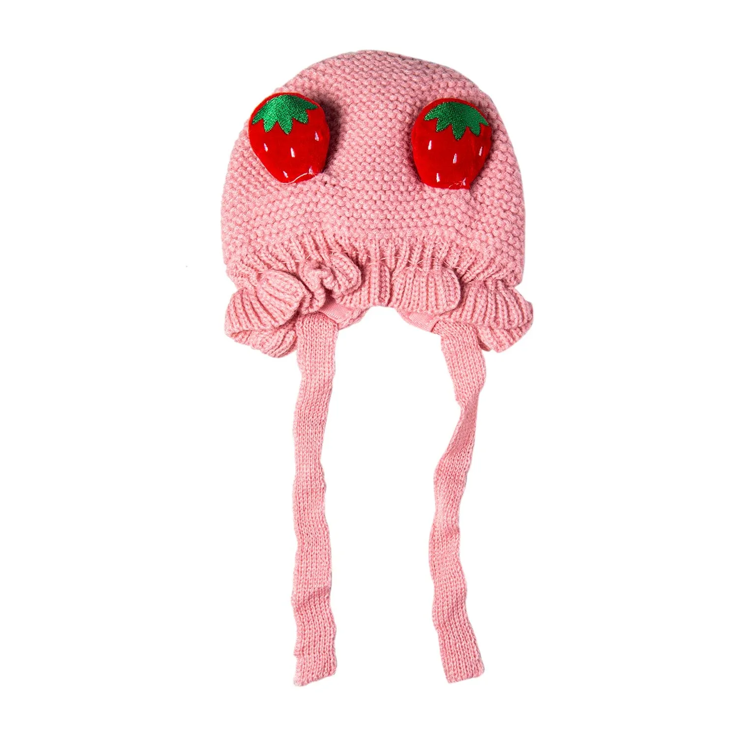 Knit Woollen Cap With Tie Knot For Ear Cover Strawberry Pink