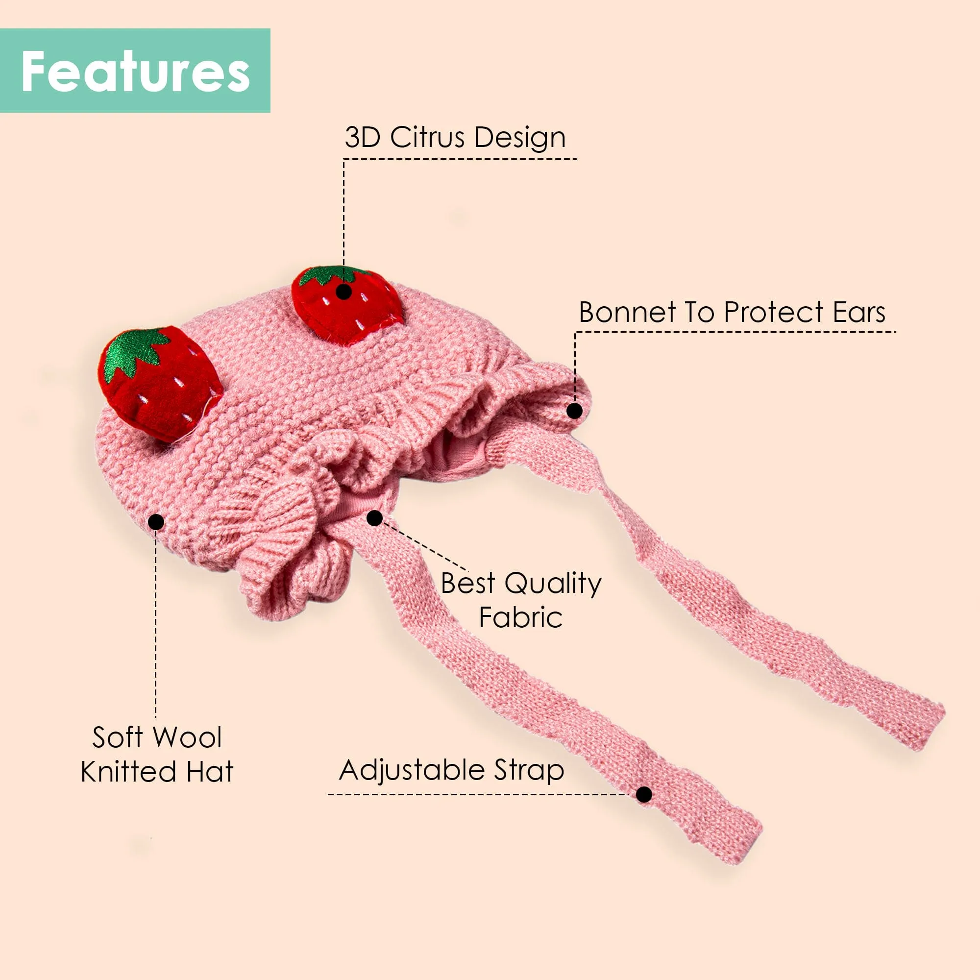 Knit Woollen Cap With Tie Knot For Ear Cover Strawberry Pink