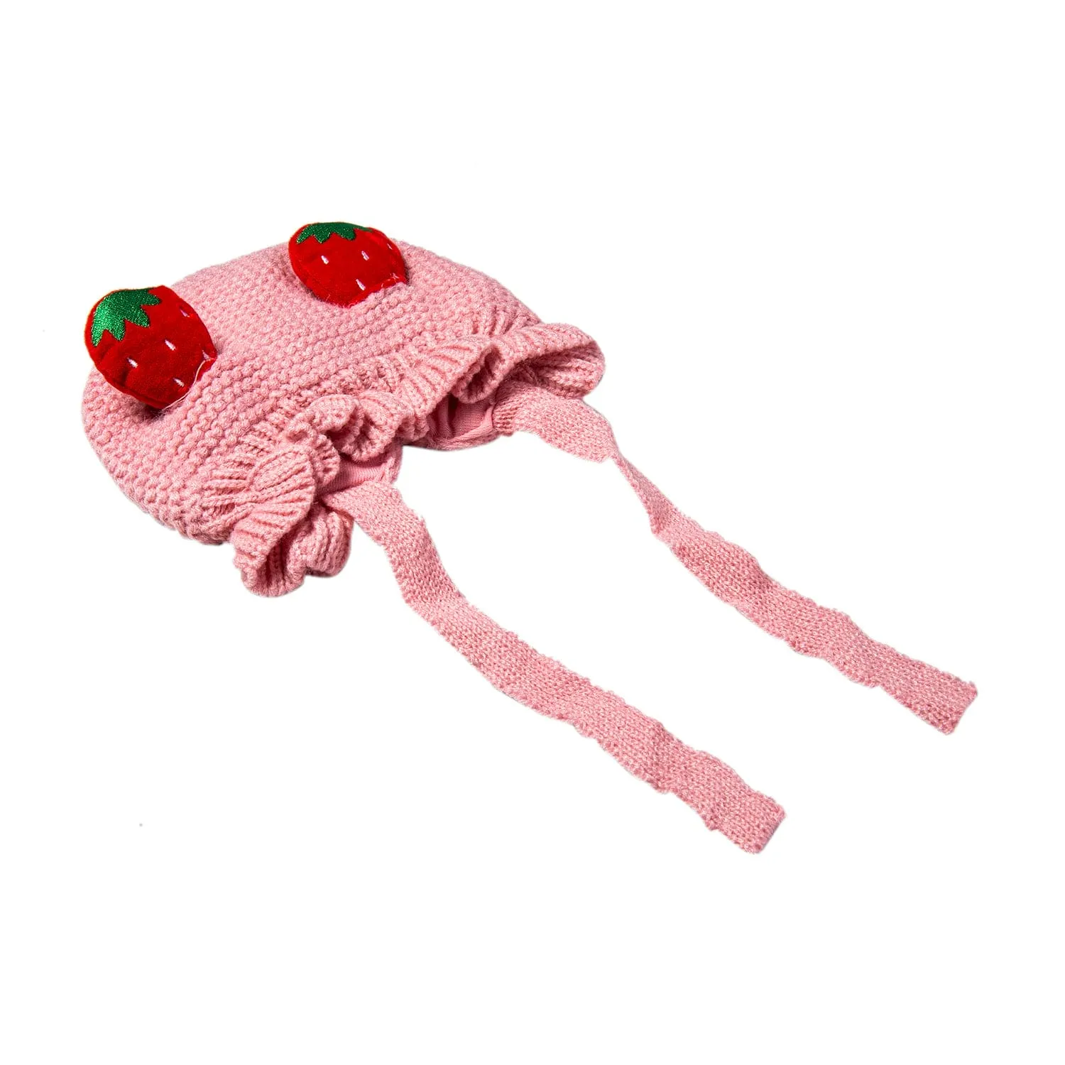 Knit Woollen Cap With Tie Knot For Ear Cover Strawberry Pink