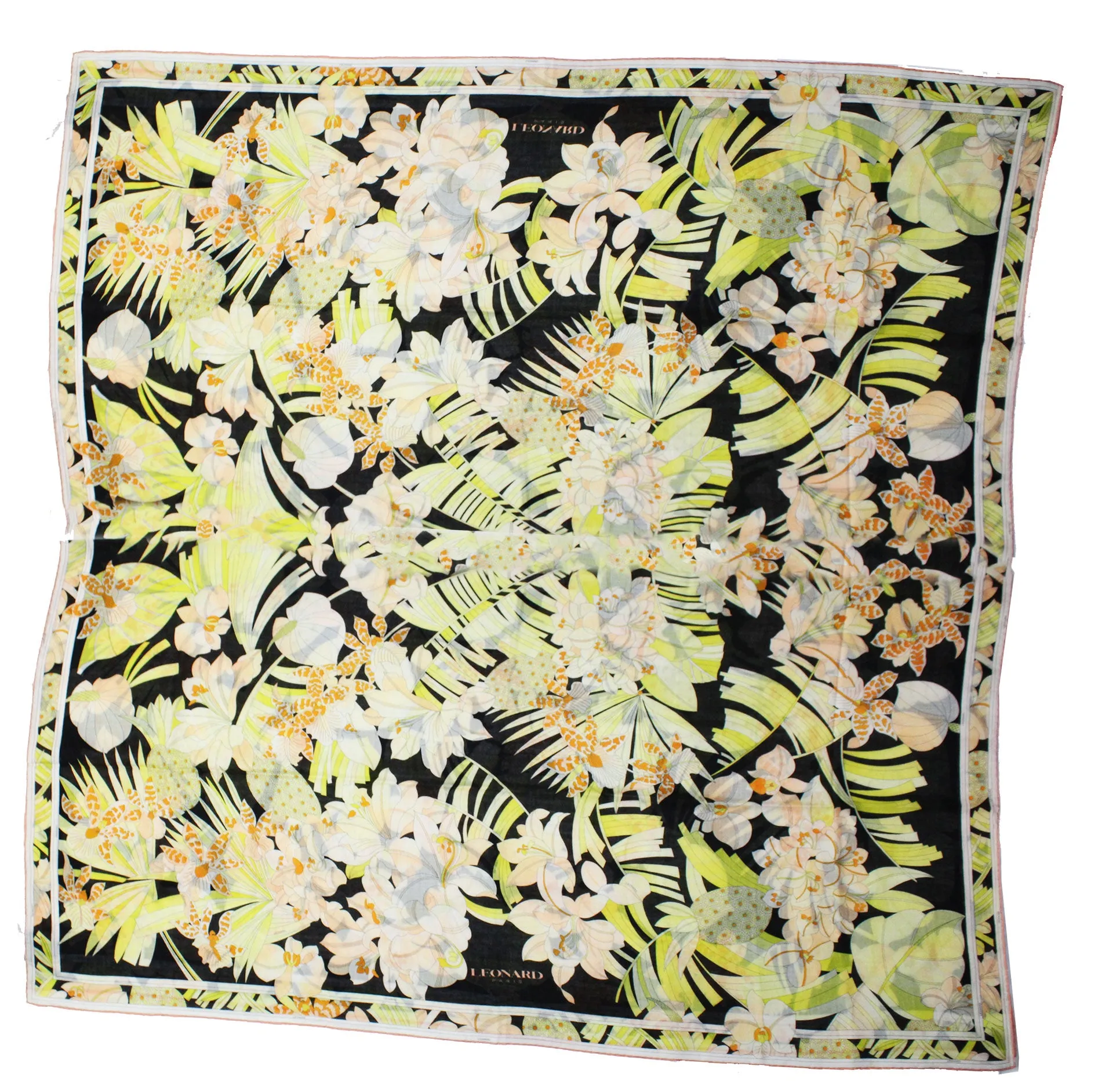 Leonard Paris Scarf Black Yellow Orange Floral - Extra Large Square Cashmere Silk Wrap