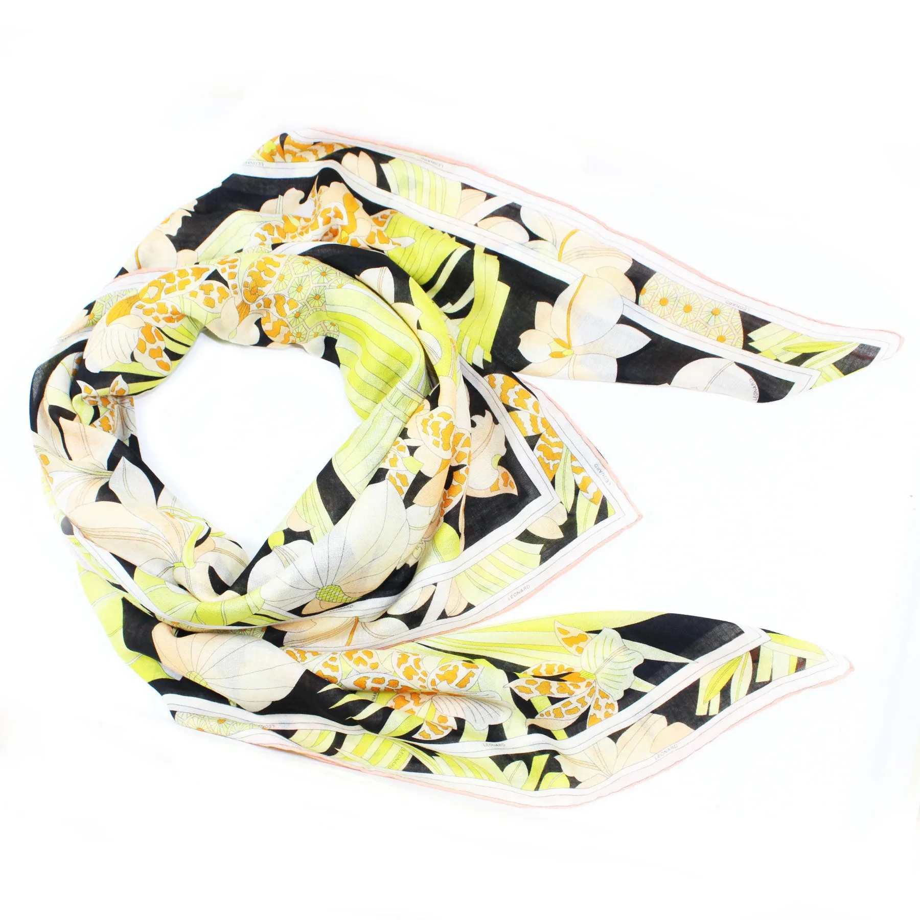 Leonard Paris Scarf Black Yellow Orange Floral - Extra Large Square Cashmere Silk Wrap