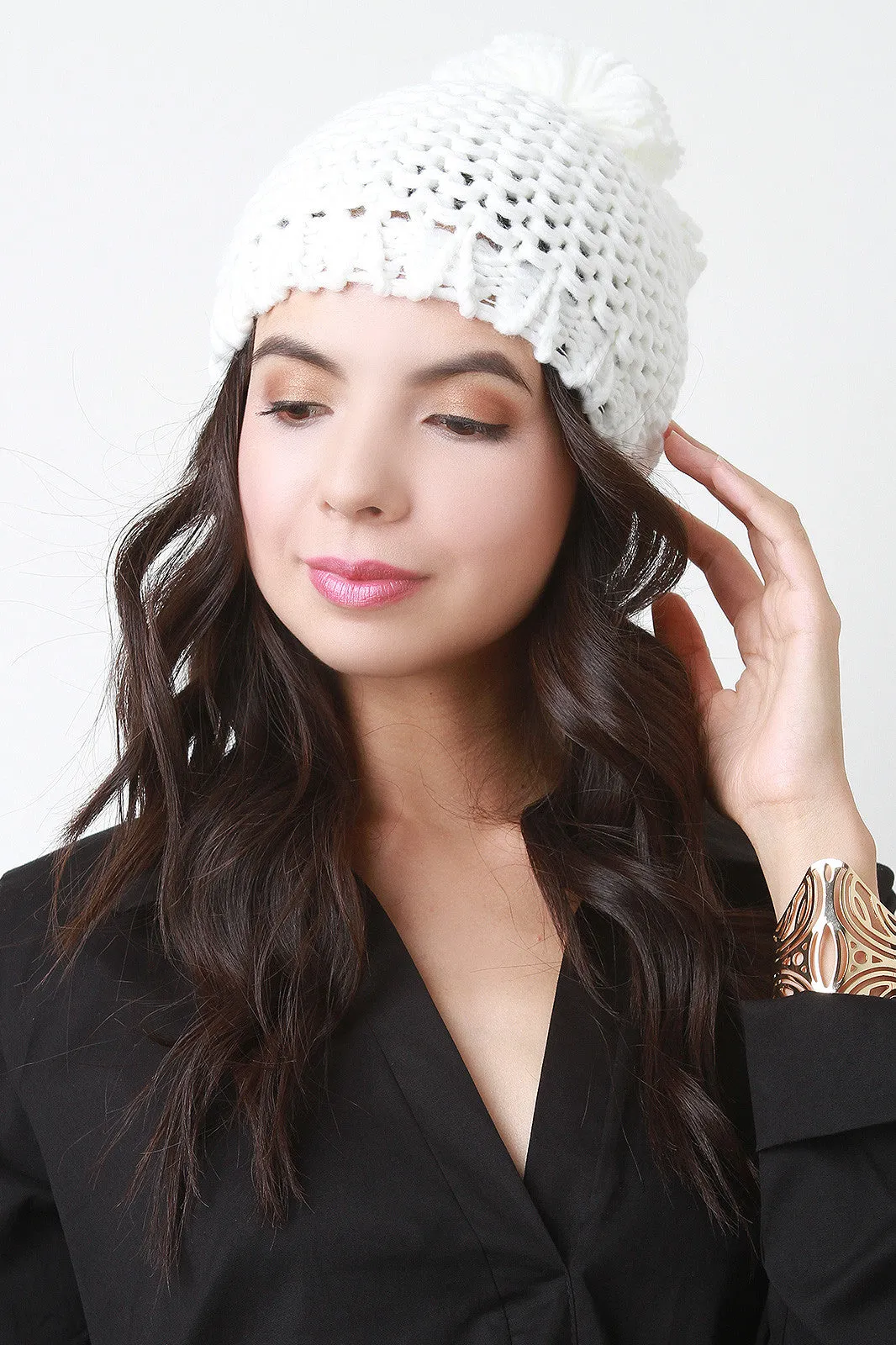 Loose Knit Pom Pom Beanie