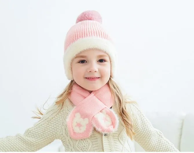 Mickey Woolen Baby Winter Cap With Muffler - Pink