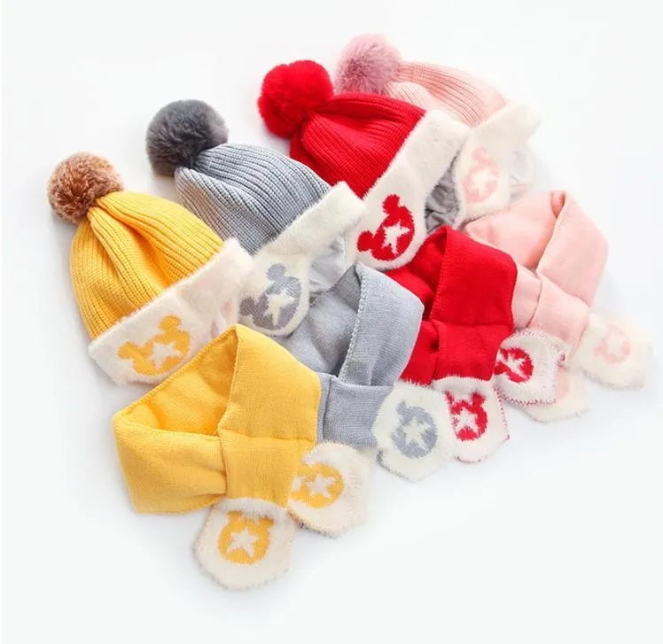 Mickey Woolen Baby Winter Cap With Muffler - Pink