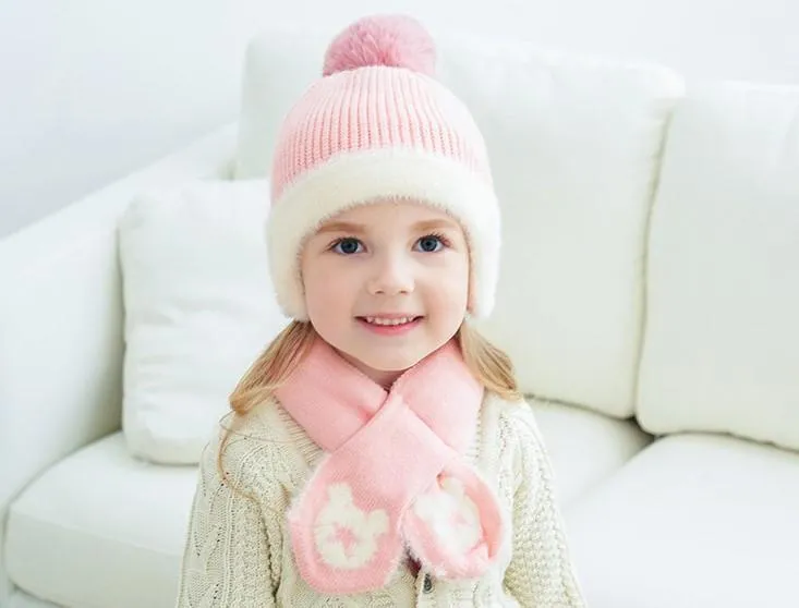 Mickey Woolen Baby Winter Cap With Muffler - Pink