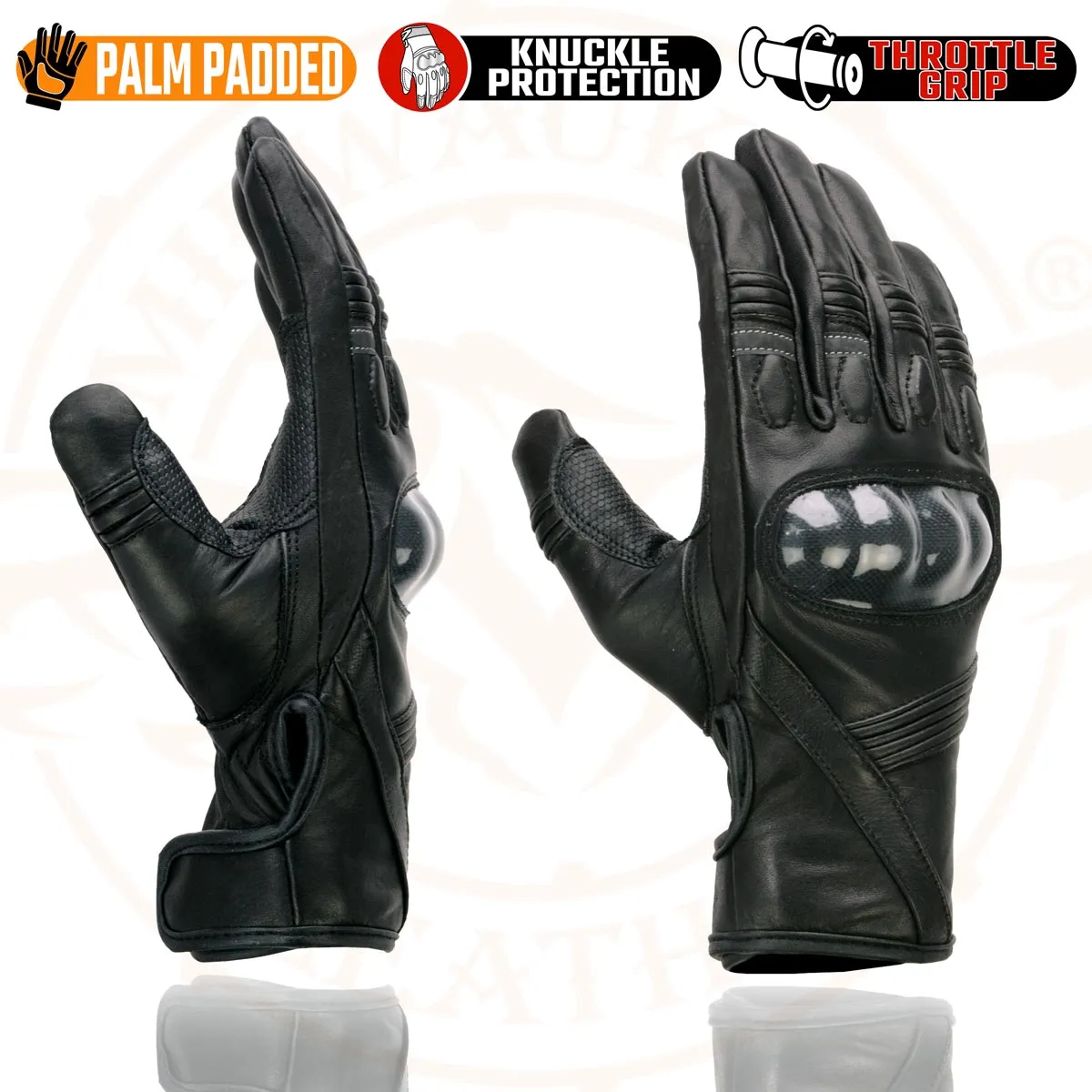 Milwaukee Leather MG7540 Men's Black Leather Protective Knuckle Racer Motorcycle Gloves W/ Elasticized Reflective Fingers