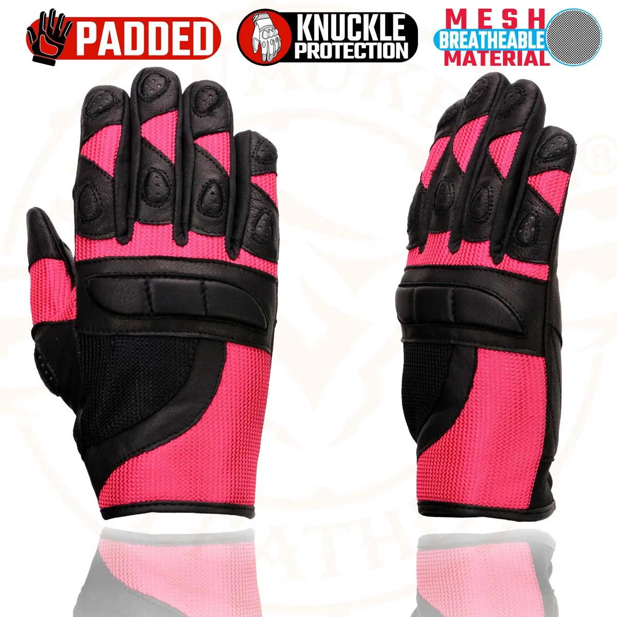 Milwaukee Leather MG7740 Women's Black Leather and Hot Pink Mesh Racing Motorcycle Gloves W/ Padded Knuckle and Fingers