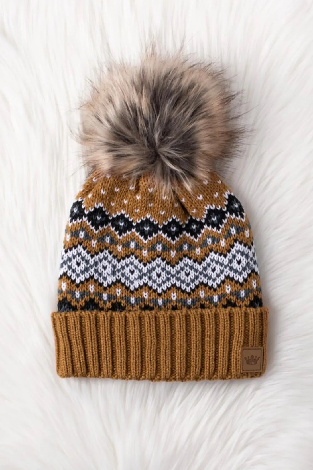 Mustard & Black Patterned Pom Hat