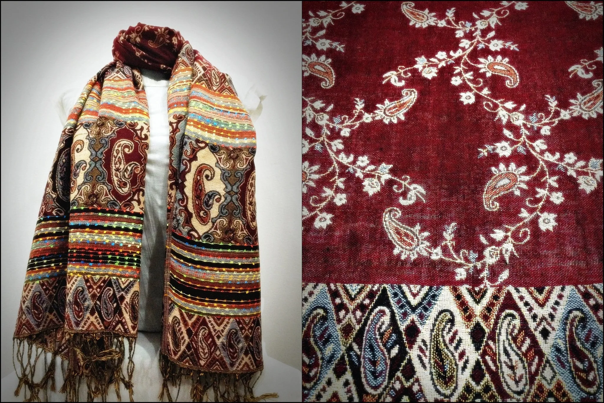 Nepal Floral Paisley Pashmina Shawl Scarf in Red