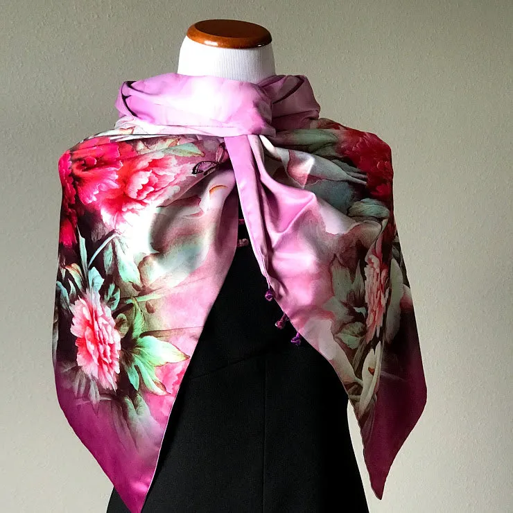 Pink floral 100% Silk Satin smooth soft Long double fabric  Scarf with buttons