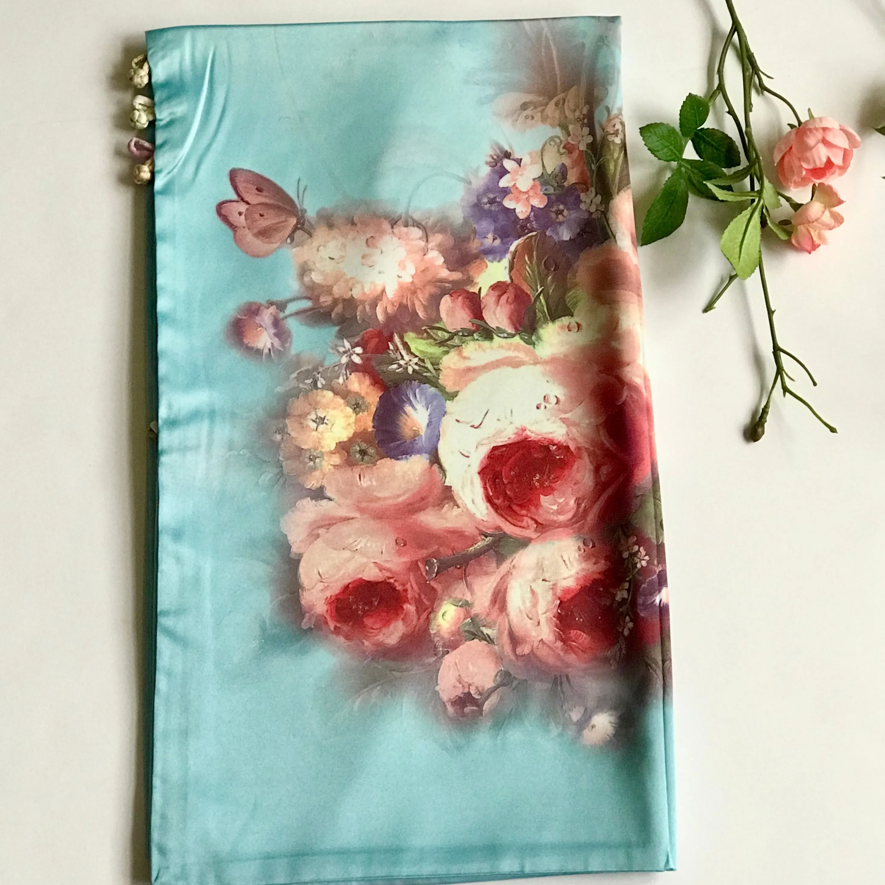 Pink floral 100% Silk Satin smooth soft Long double fabric  Scarf with buttons