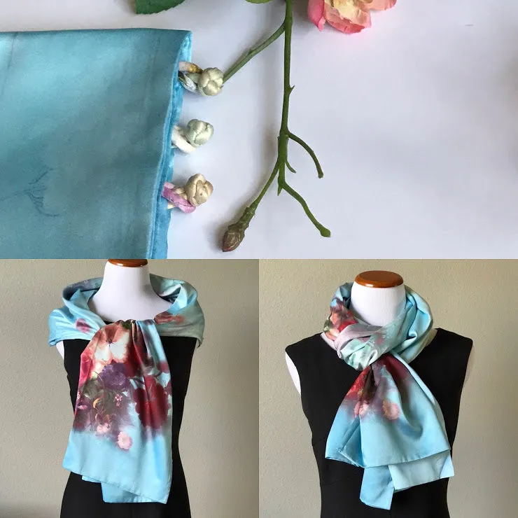 Pink floral 100% Silk Satin smooth soft Long double fabric  Scarf with buttons