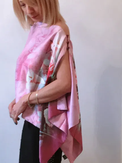 Pink floral 100% Silk Satin smooth soft Long double fabric  Scarf with buttons