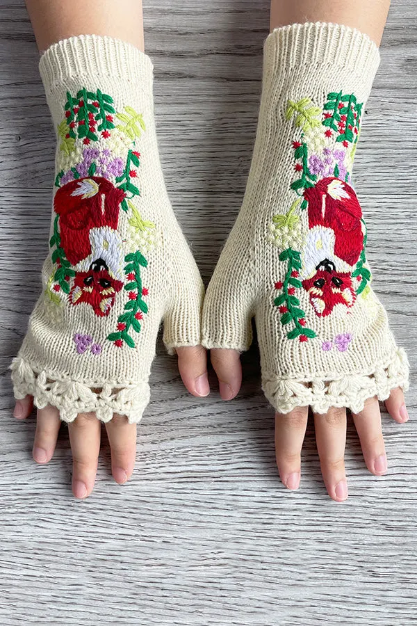 Plant Fox Embroidery Warm Knitted Gloves