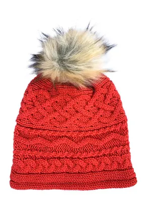 Pom Pom Hat - Red Faux Fur