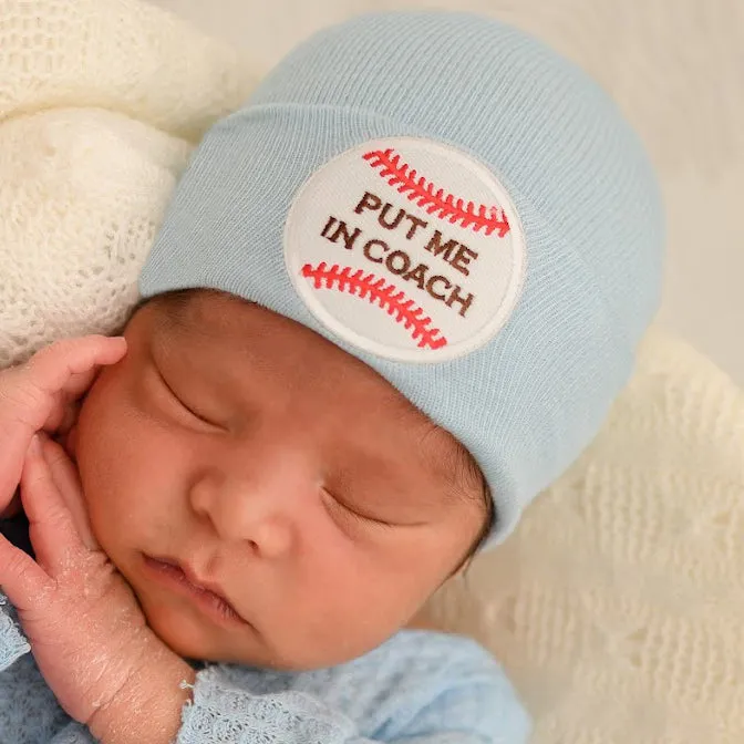 Put Me In Coach - Blue, White or Gray Baseball Hat for Newborn Boys - Sports Hospital Hat