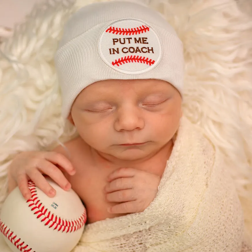 Put Me In Coach Pom Pom - Blue or White Baseball Hat for Newborn Boys - Sports Hospital Hat (Copy)