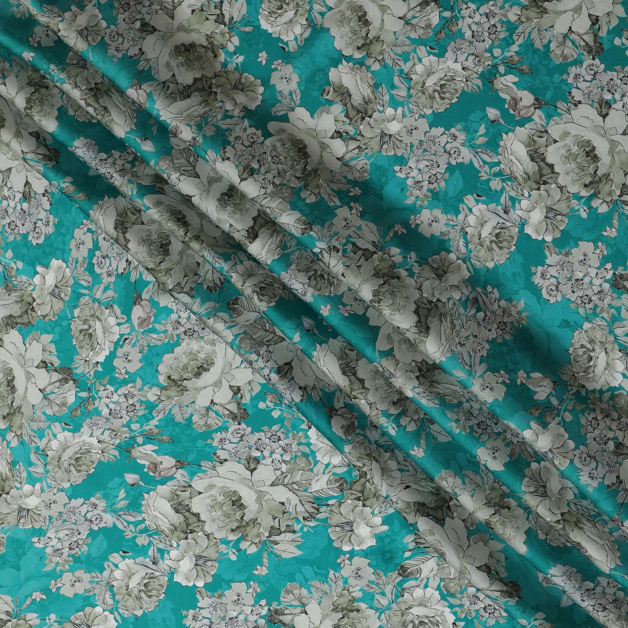 Refreshing Aqua Blue Floral Modal Satin Fabric - 110 cm Width, Luxurious Soft Material from India-D19222