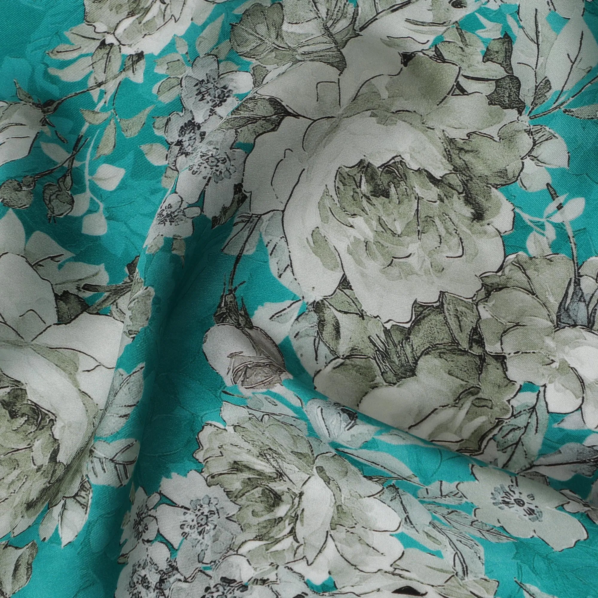 Refreshing Aqua Blue Floral Modal Satin Fabric - 110 cm Width, Luxurious Soft Material from India-D19222