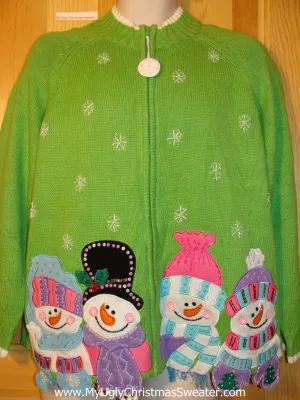 Tacky Green  Ugly Christmas Sweater with Happy Carrot Nosed Snowman with Bead Bling (f411)