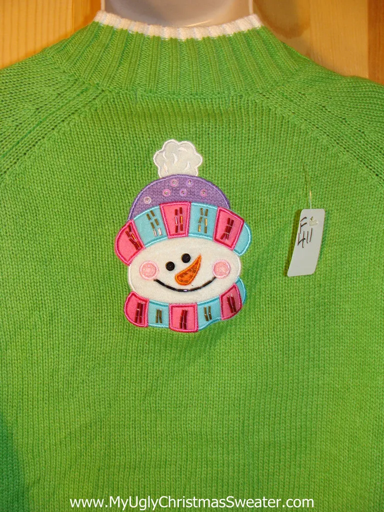 Tacky Green  Ugly Christmas Sweater with Happy Carrot Nosed Snowman with Bead Bling (f411)