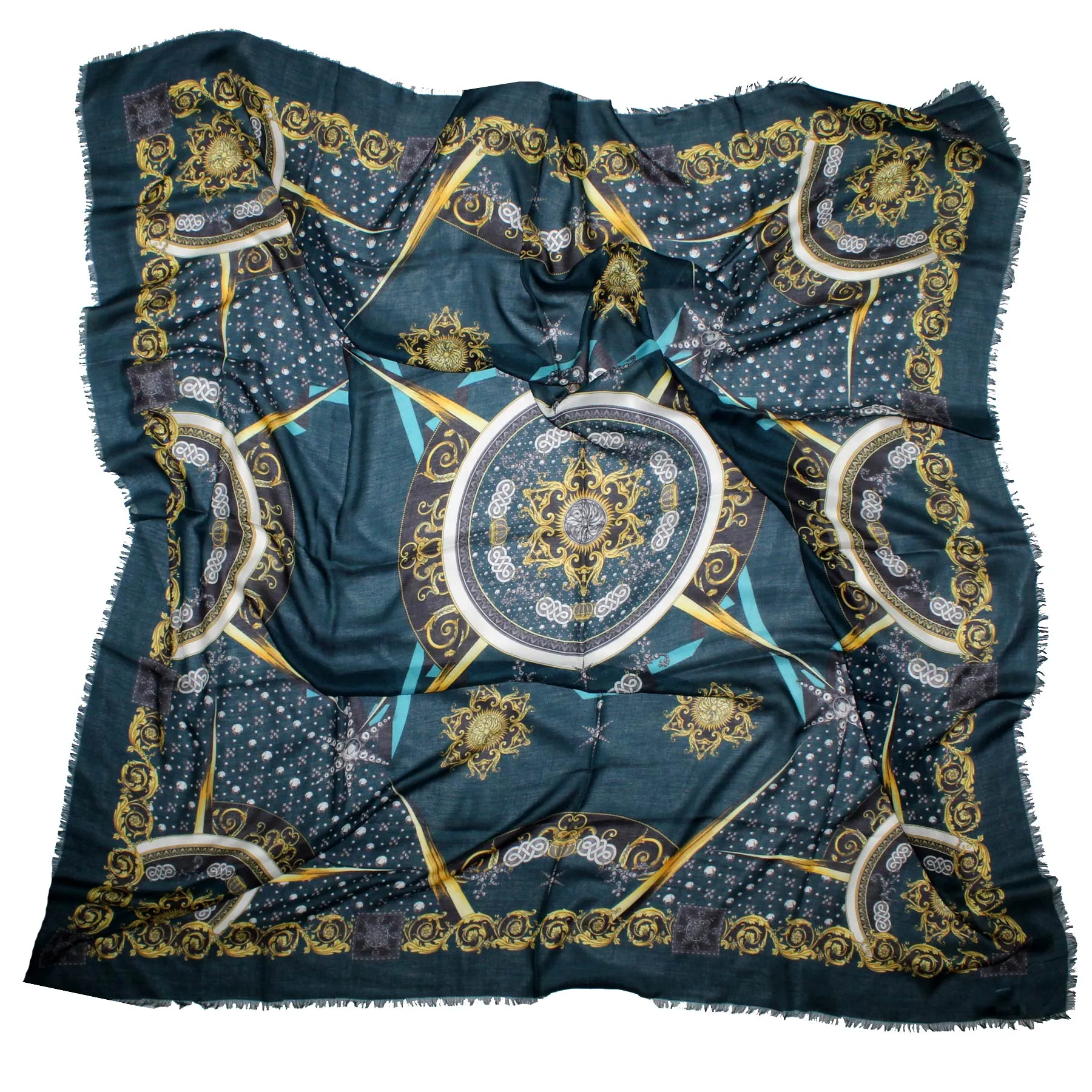 Versace Scarf Teal Gold Silver Large 55 Inch Square Cashmere Shawl