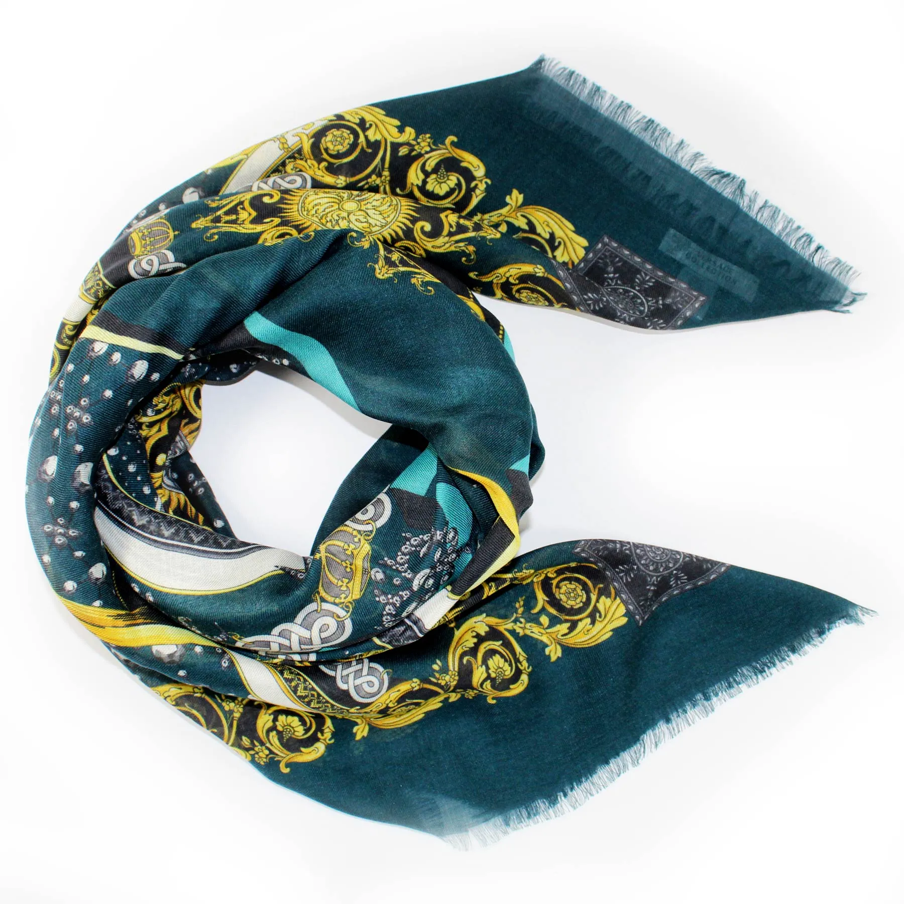 Versace Scarf Teal Gold Silver Large 55 Inch Square Cashmere Shawl