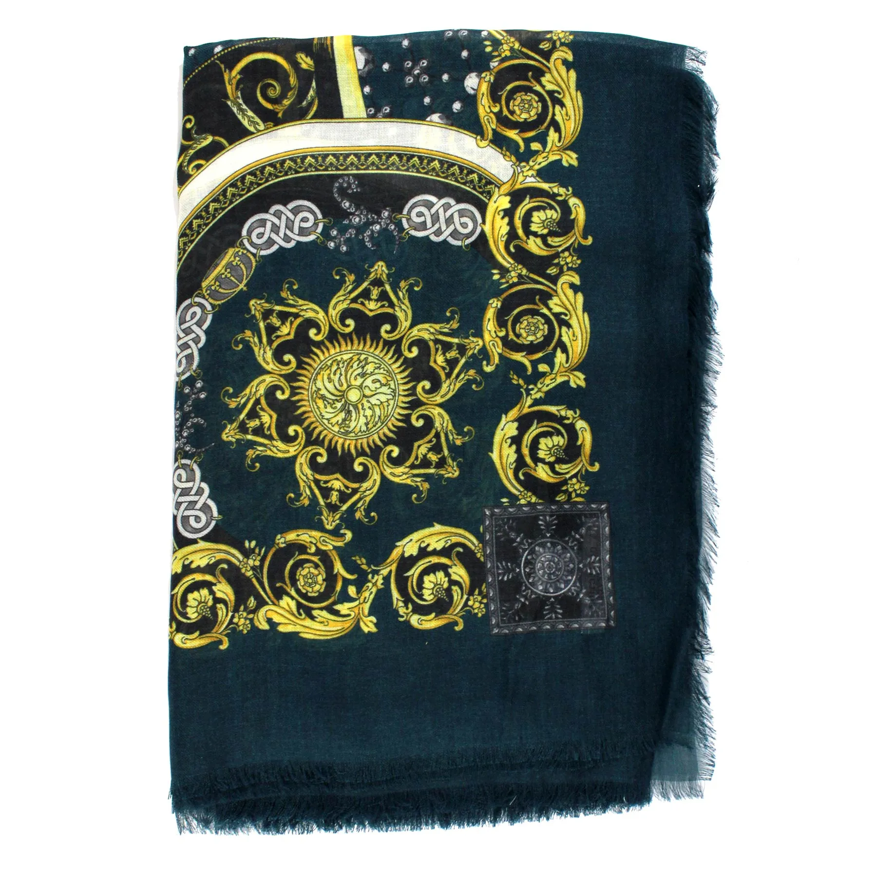 Versace Scarf Teal Gold Silver Large 55 Inch Square Cashmere Shawl