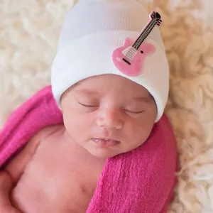 White Hospital Hat with Pink Guitar Newborn Girl Hospital Nursery Beanie