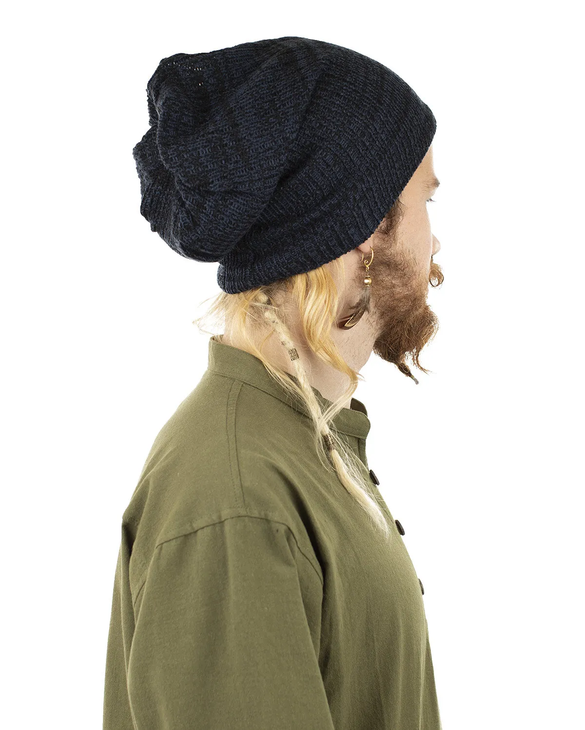 Woven Cotton Slouch Beanie Hat Blue